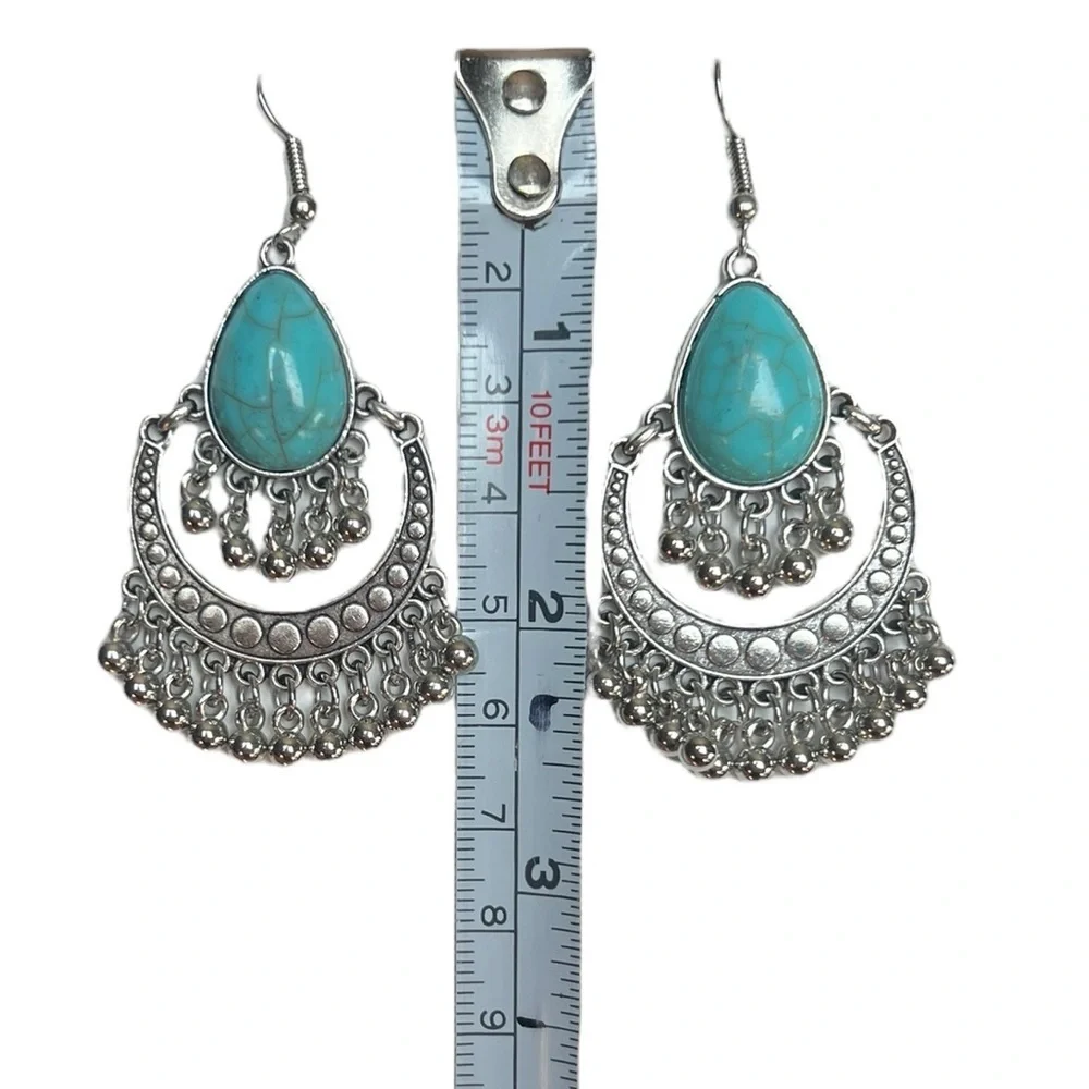 Western Style Faux Turquoise Silver Beaded Tassel Pierced Earrings Necklace Set